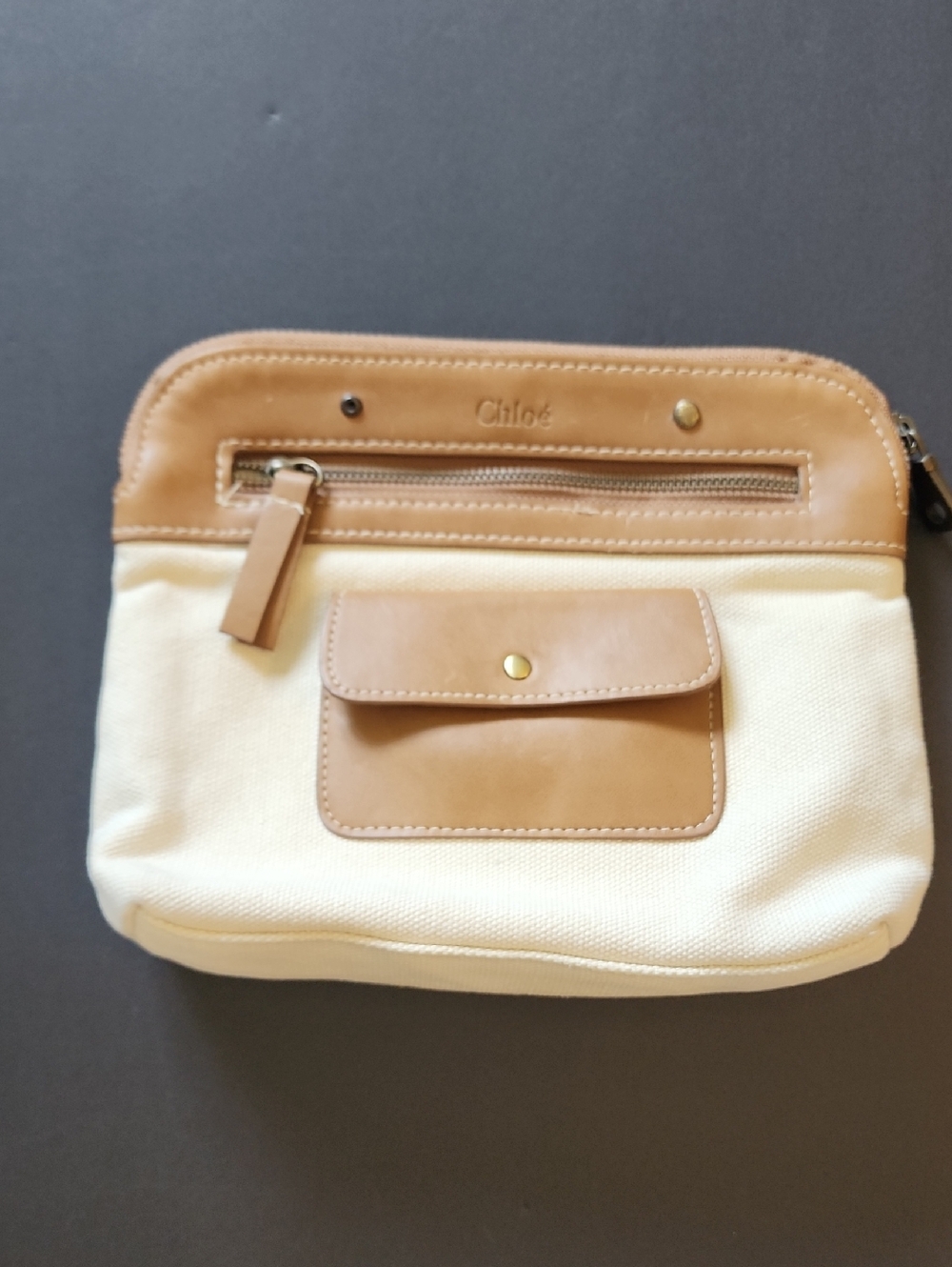 Chloe Cream Canvas and Tan Leather Wristlet Clutch